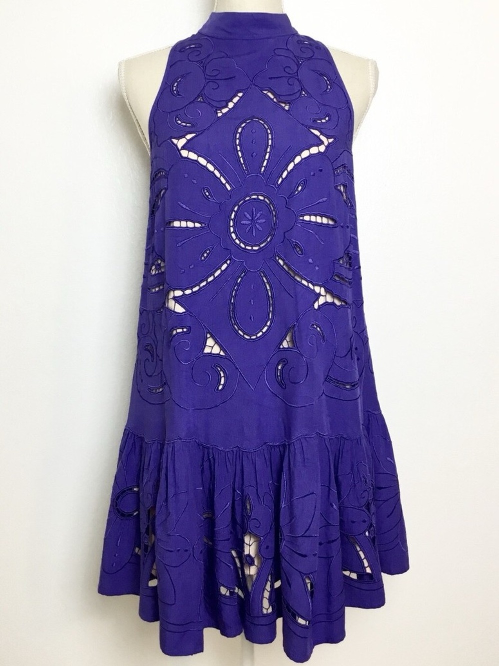 Free People blue halter dress with intricate cut-out details